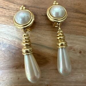 Christian Dior Vintage 3” Faux Pearl Drop Clip-On Earrings Goldtone